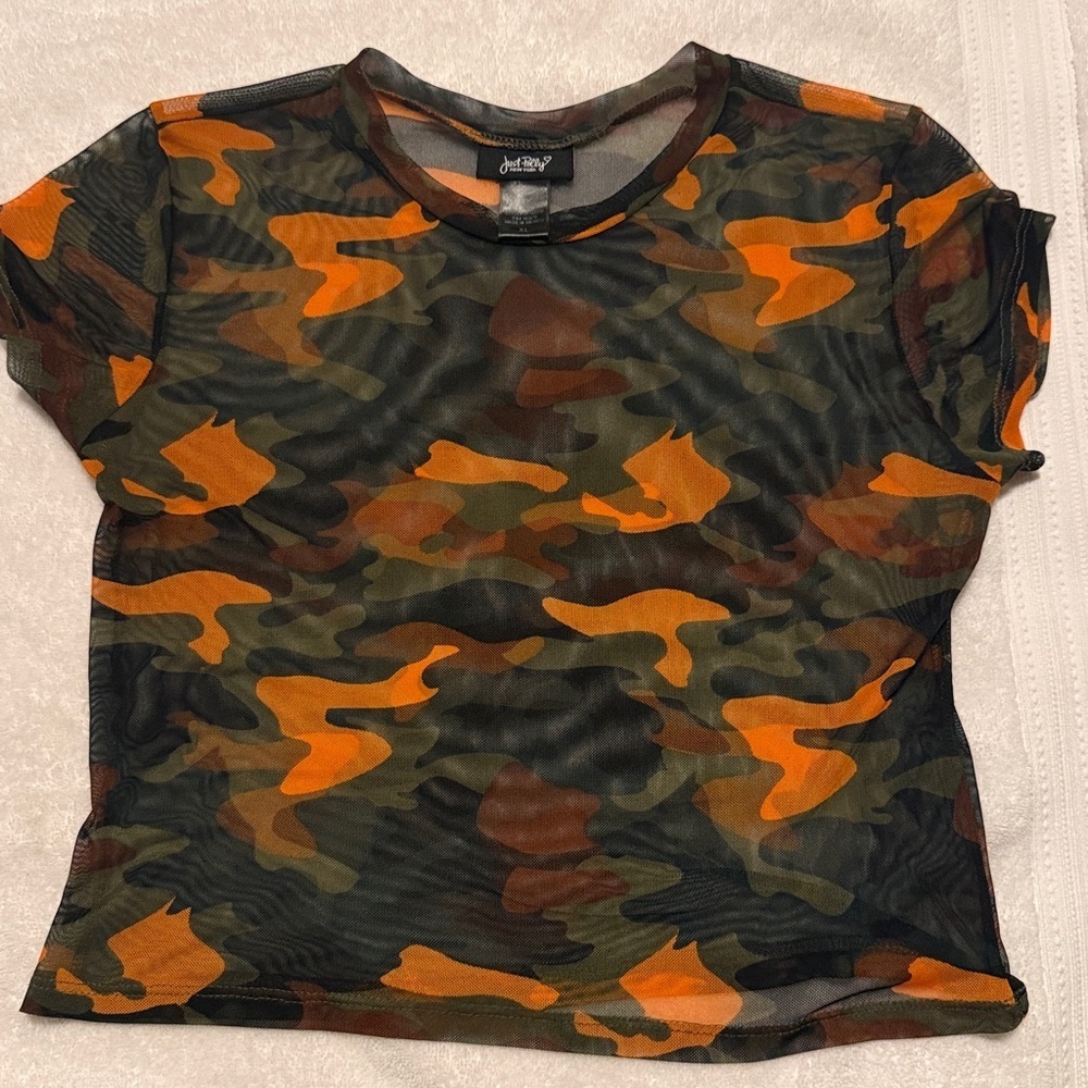 Y2K Orange and Green Sheer Camouflage Crop